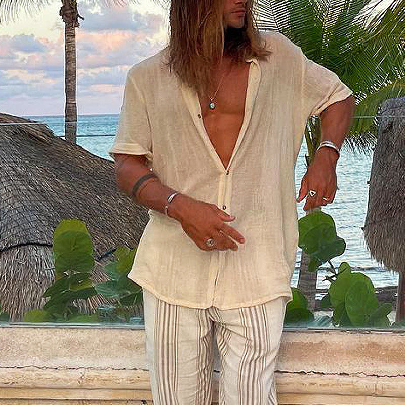 Camisa de manga corta de algodón de color liso para hombre, estilo casual y festivo