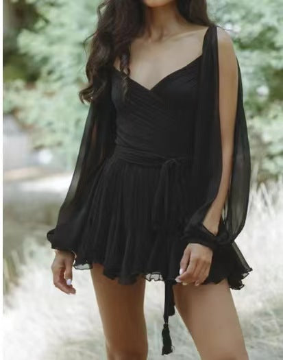 Spring Women Vacation Sexy Hollow Lantern Sleeve Dress