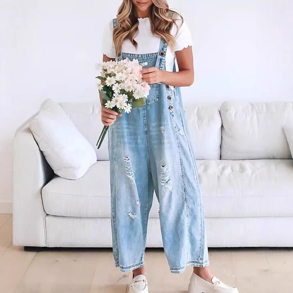 Women Retro Casual Ripped Wide Leg Denim Jumpsuits