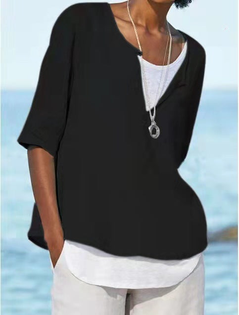 Blusa informal de lino con cuello en V y color liso para mujer