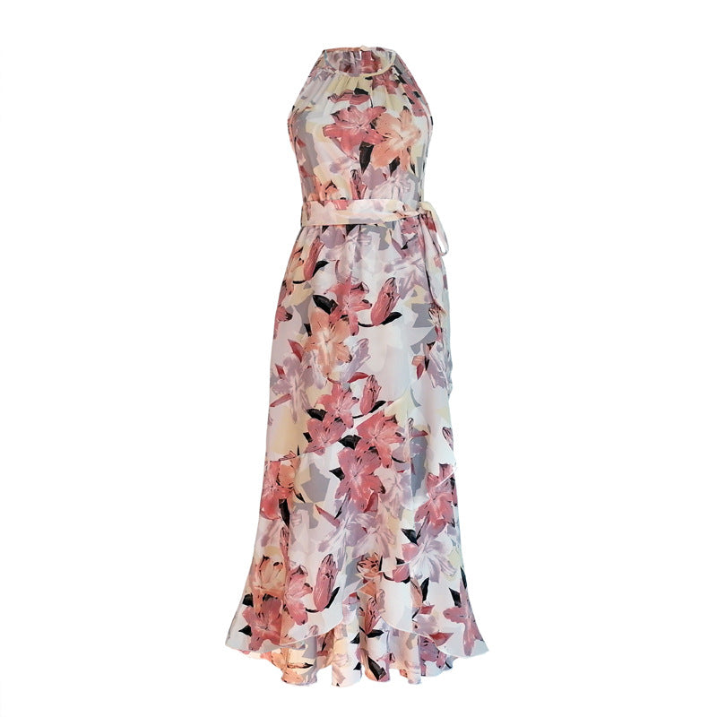 Vacation Fashion Floral Print Women Casual Ruffled Halter Dress