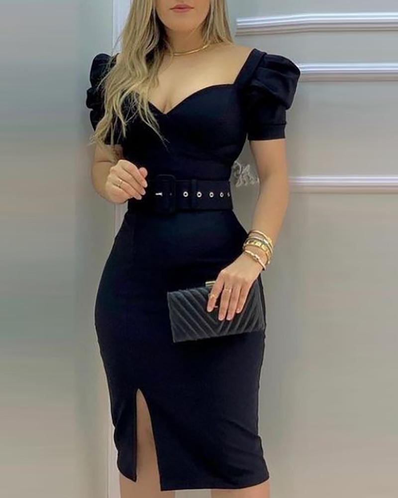 Vestido midi elegante con cuello cuadrado y mangas abullonadas para mujer