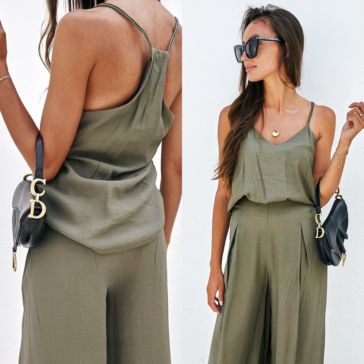 Women Casual Solid Color Sling Top and Pants Set