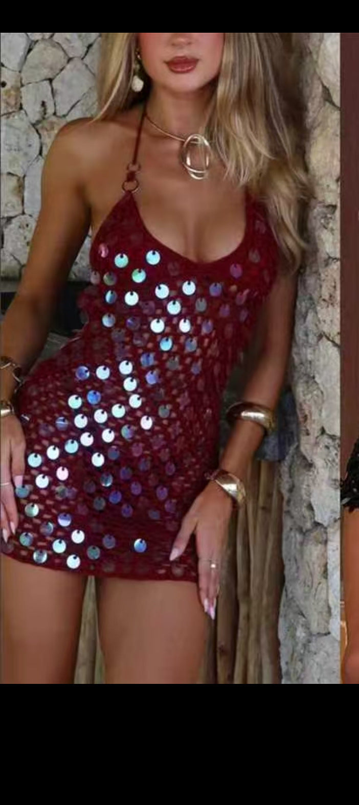 Robe sexy à paillettes et col licou pour femme