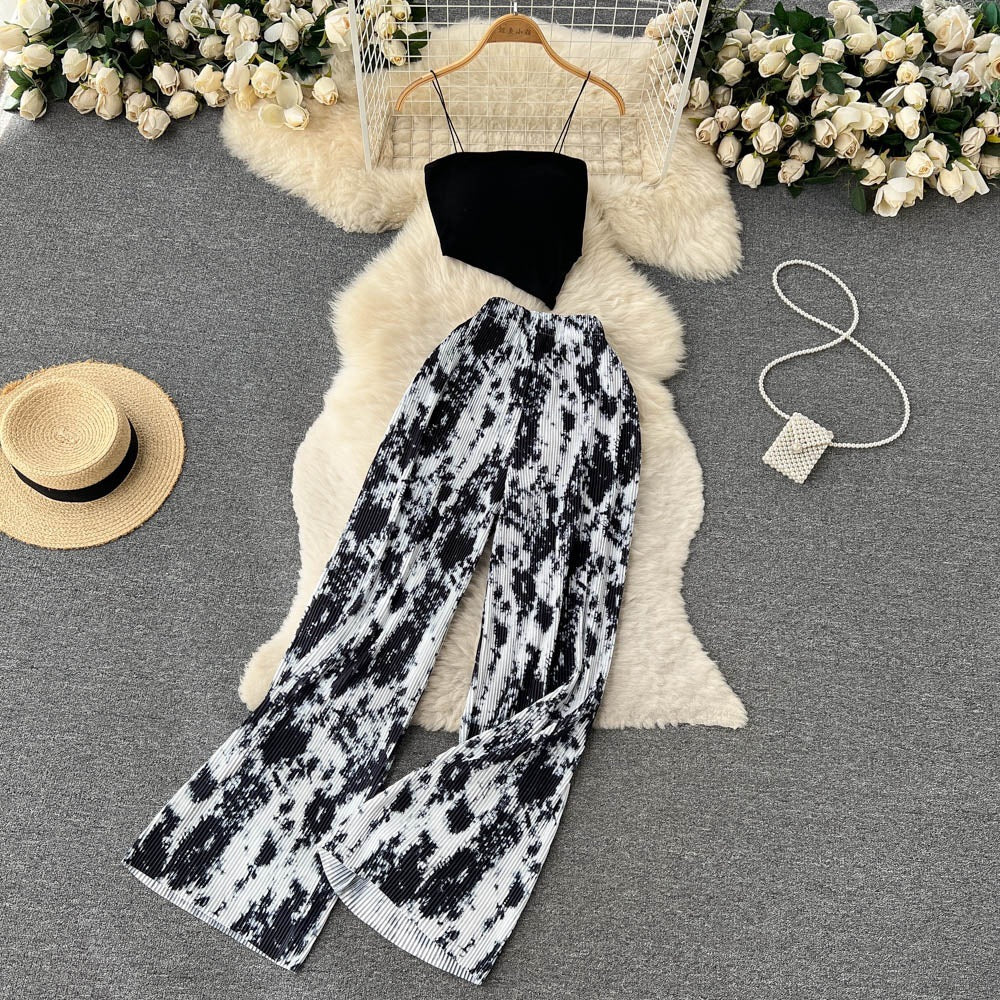 Ensemble deux pièces pour femme, caraco à bretelles spaghetti et pantalon large en tissu mélangé