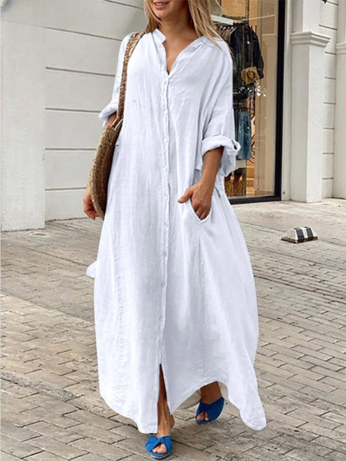 Women Fashion Casual Solid Color Pocket Maxi Dress