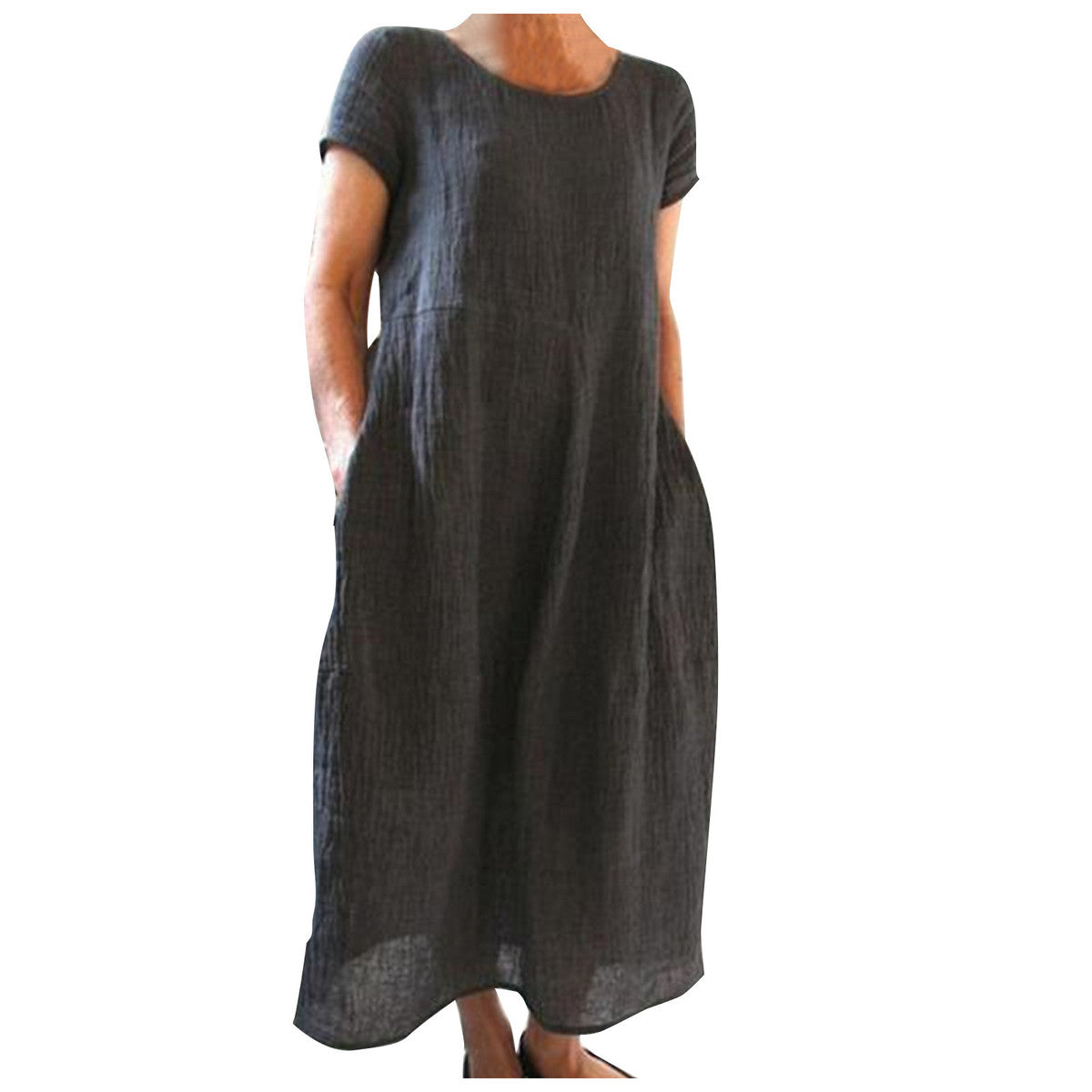 Vestido informal holgado de algodón y lino de color liso para mujer