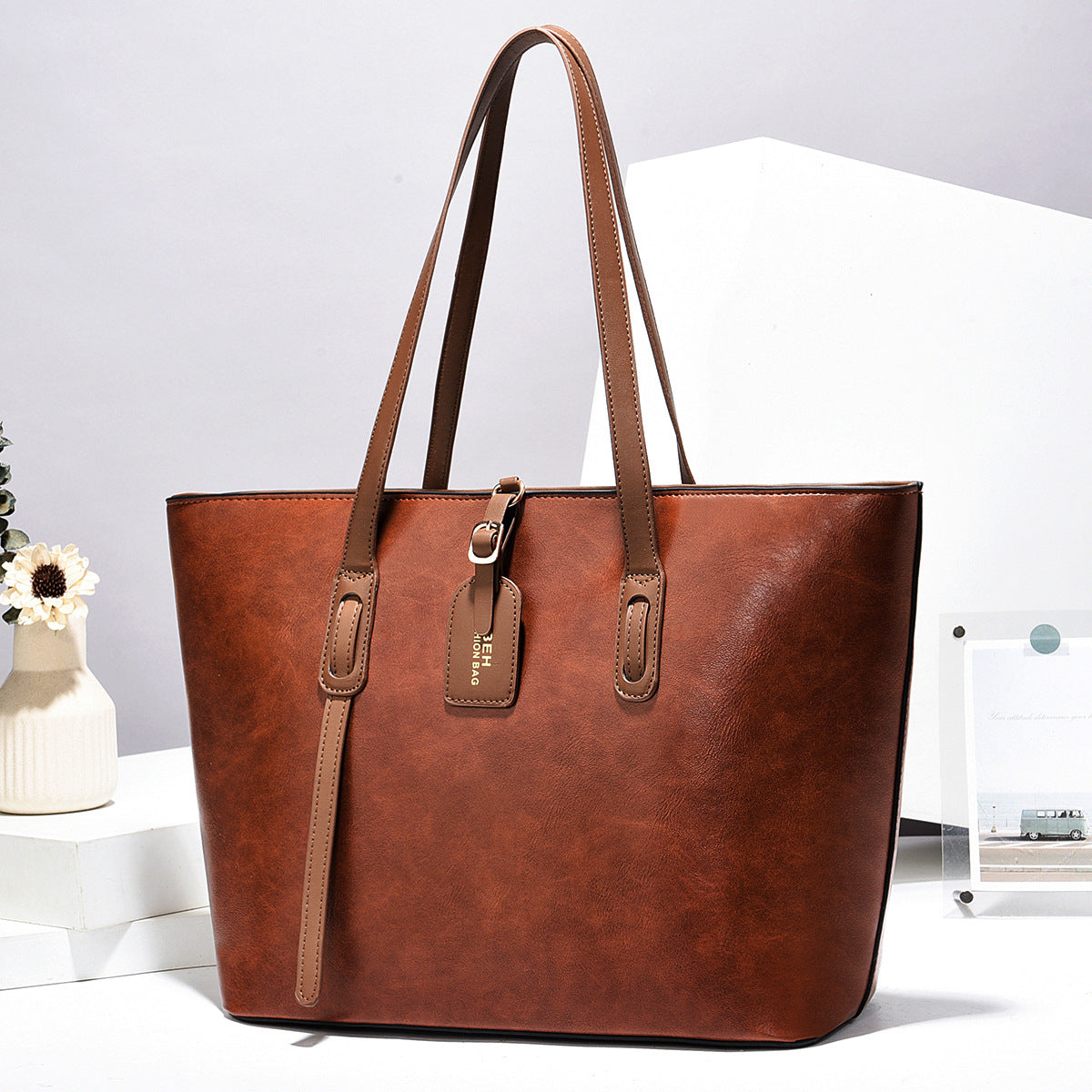 Women Color Blocking PU Leather Tote Bag