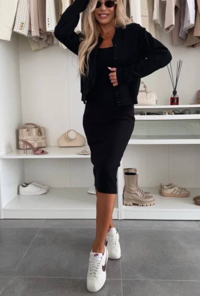 Women Solid Color Long Dress with Cardigan Top Set