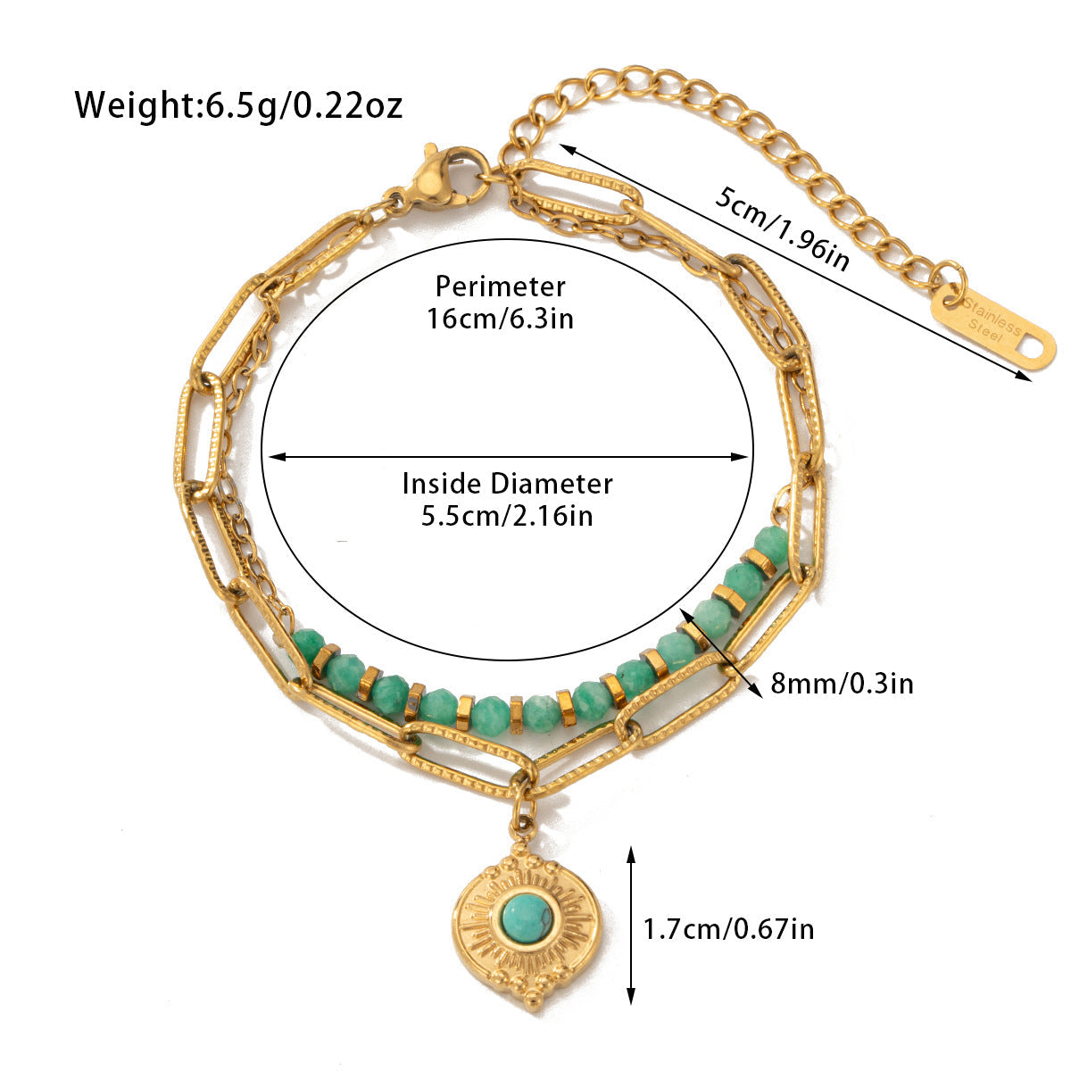 Pulsera bohemia de cuentas de acero y titanio de doble capa
