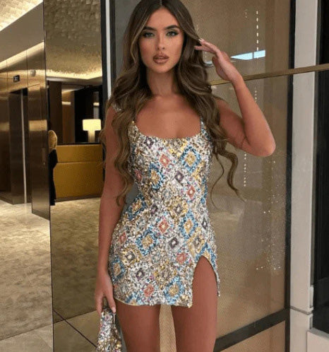 Vestido sin mangas con bloques de color y corte entallado para mujer