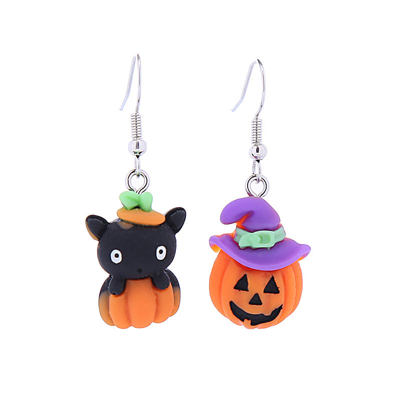 Pendientes de gato negro con cadena de calabaza, creativos y divertidos de Halloween para mujer
