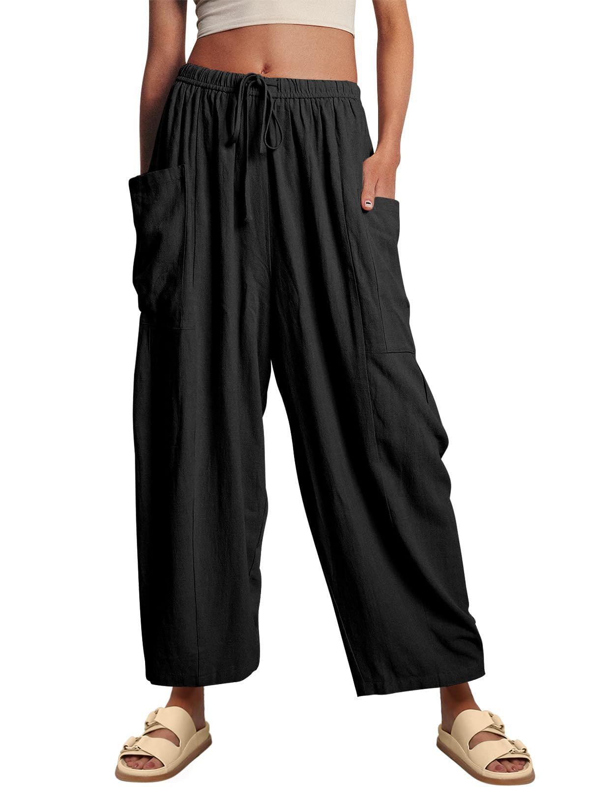 Pantalones anchos de cintura alta de lino y algodón para mujer