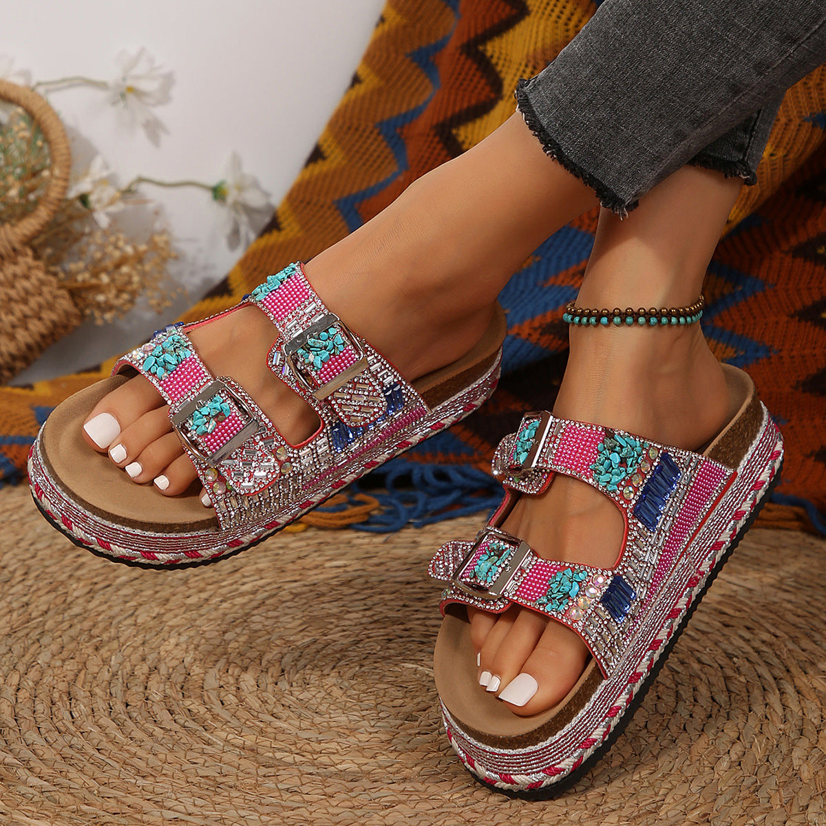 Pantuflas retro con doble hebilla y diamantes de imitación para mujer - Suela gruesa y cómoda