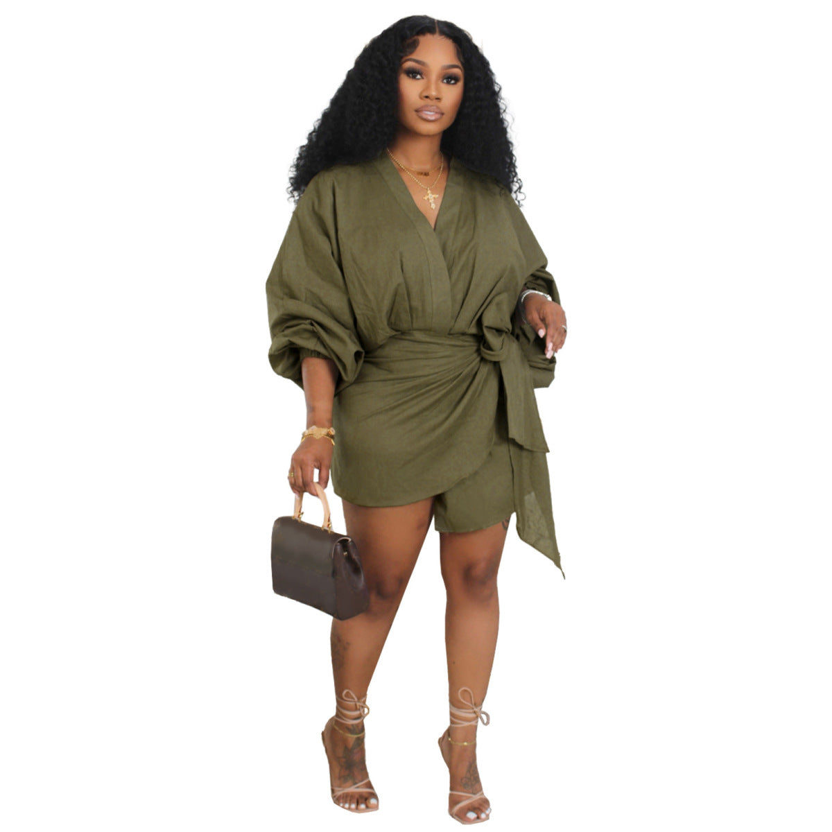 Robe mi-longue en lin à col en V et manches bouffantes pour femme