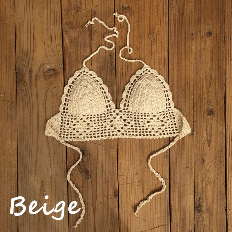 Top de bikini de crochet con cuello halter, sexy, de color liso para mujer