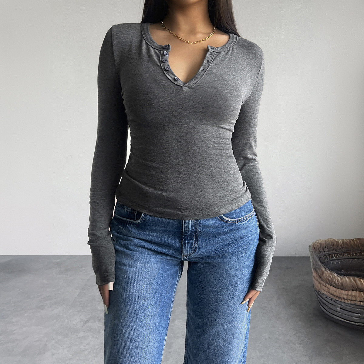 Women Casual Simple V-Neck Button Long Sleeve Blank T-Shirt