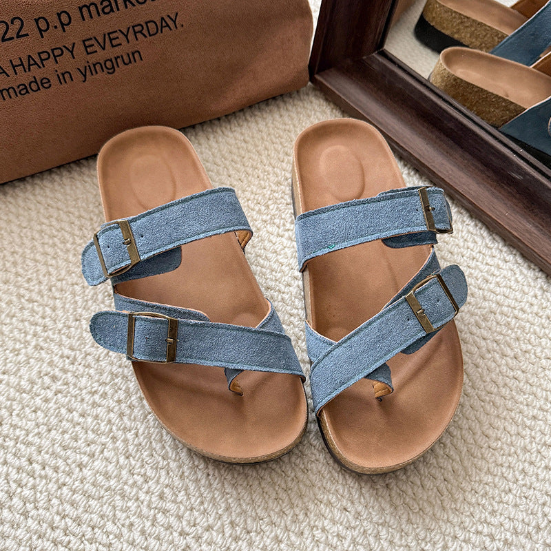 Women Summer Retro Cork Slippers With Suede Upper