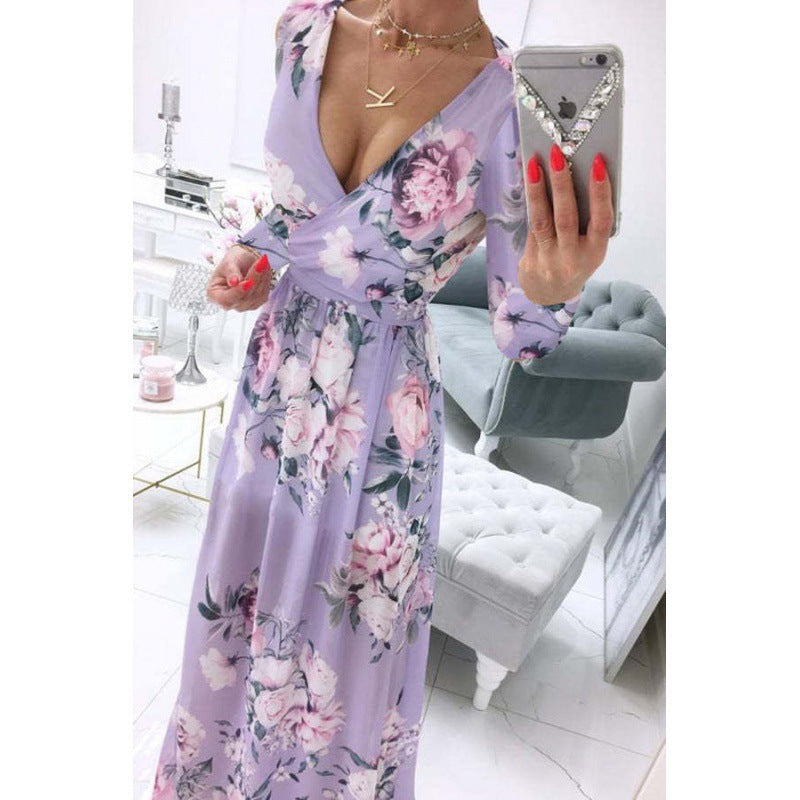 Vestido largo informal de verano para mujer, de gasa, bohemio, con estampado floral, cuello en V y manga larga