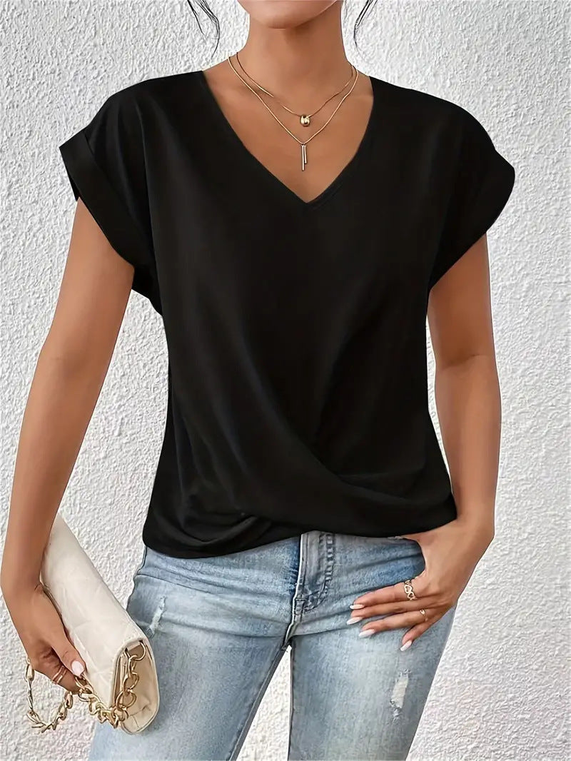 Summer Women Casual Solid Color V-Neck Short Sleeve Blank T-Shirt