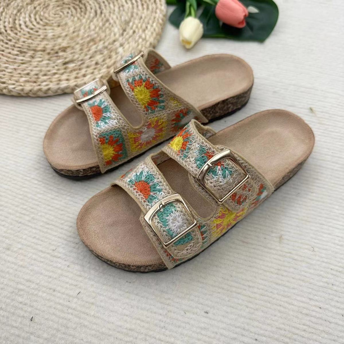 Chaussons tissés à double boucle pour femmes, style décontracté, idéal pour les vacances