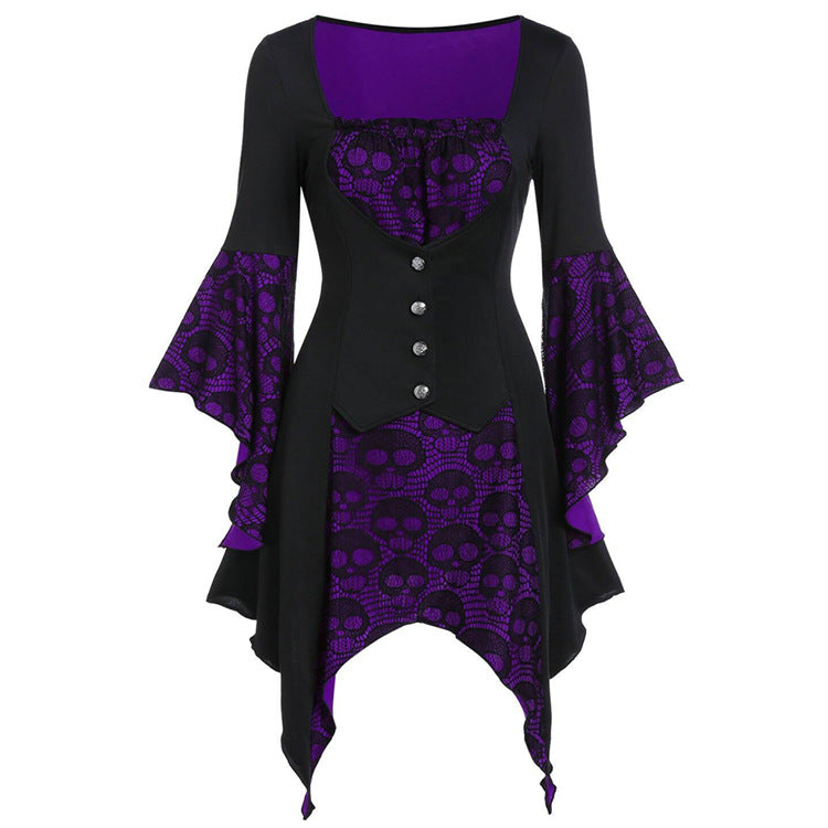 Robe gothique en dentelle à motif tête de mort et jupe irrégulière pour femme