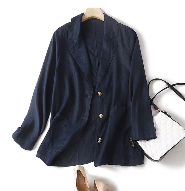 Abrigo informal de lino con solapa de color liso a la moda para mujer