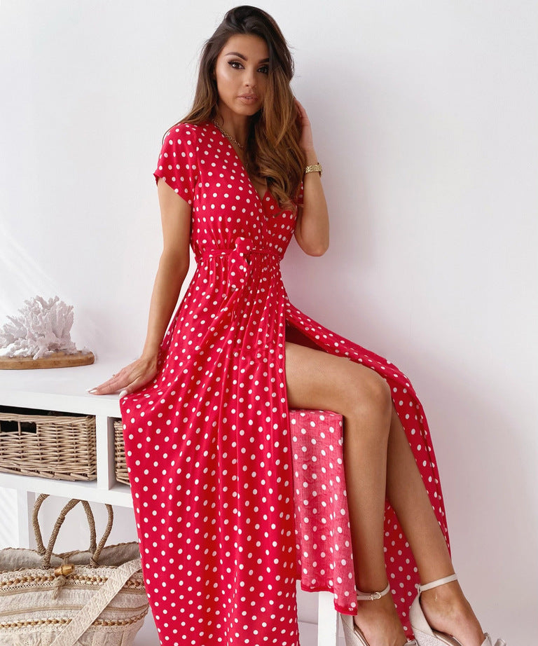 Women Fashion Casual Dot Printed V-Neck Dress
