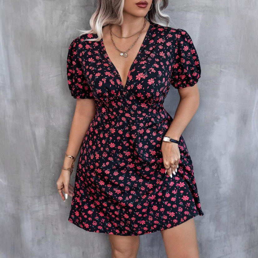 Vestido holgado informal con mangas abullonadas y cuello en V floral para mujer