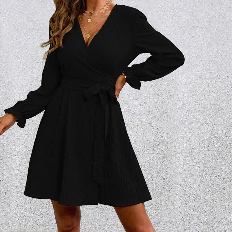 Vestido mini de manga larga con escote en V y color liso para mujer
