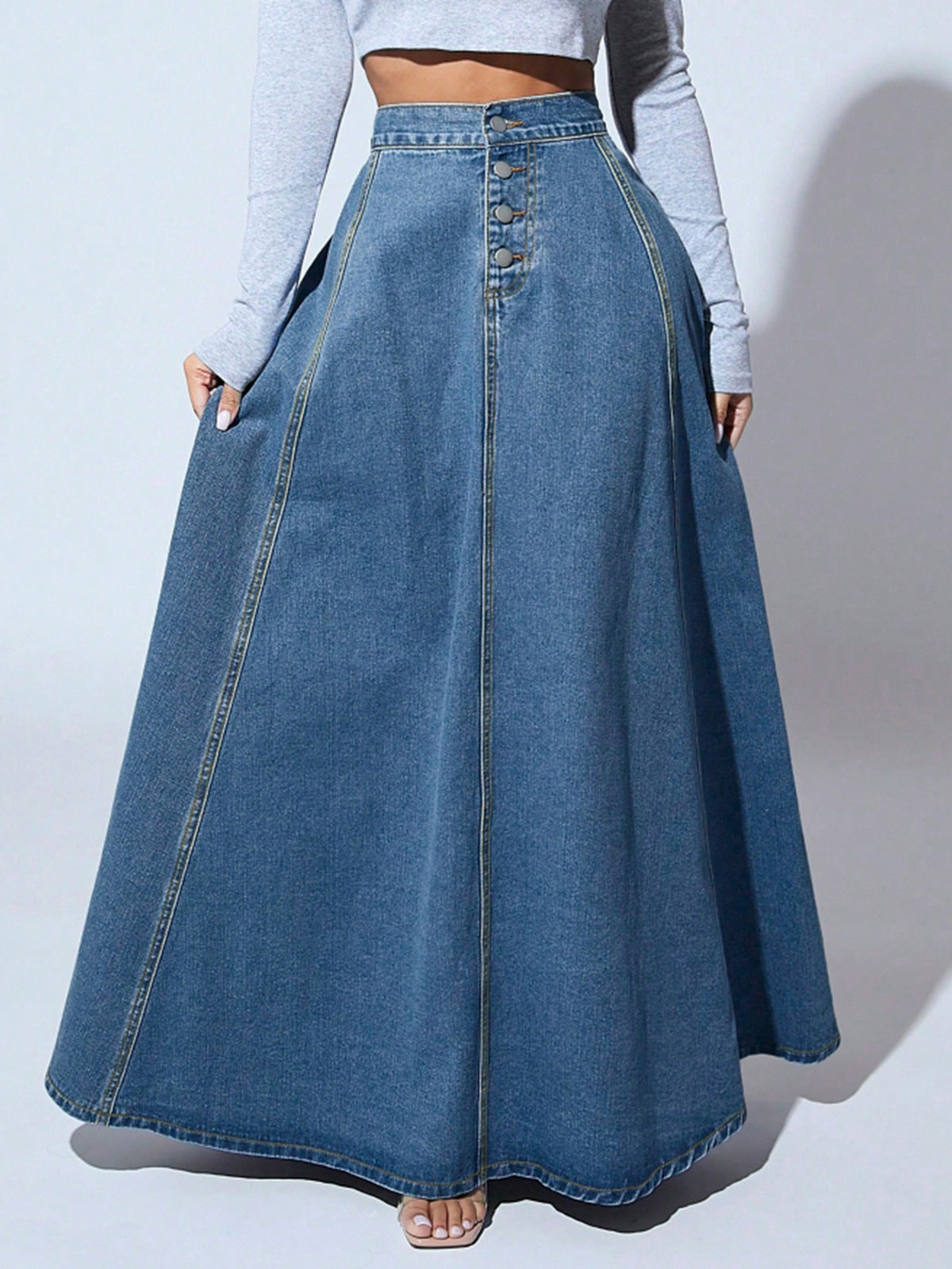 Falda vaquera de una sola botonadura para mujer, estilo urbano, larga, línea A, color liso