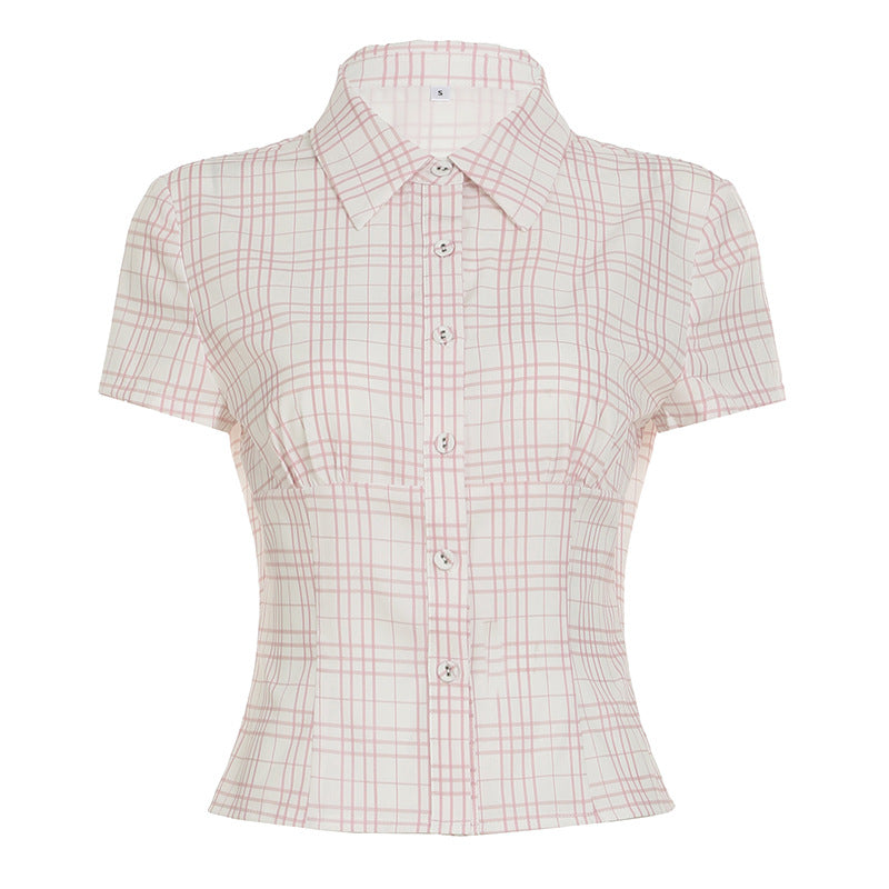 Blusa informal de manga corta con solapa y rayas para mujer