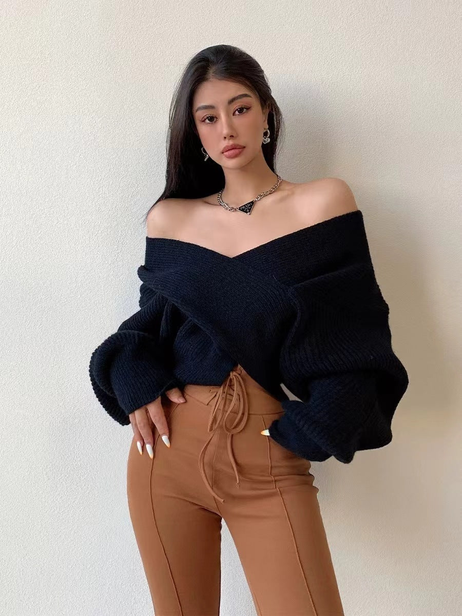 Women Autumn And Winter Cross V-Neck Knitted Sweater