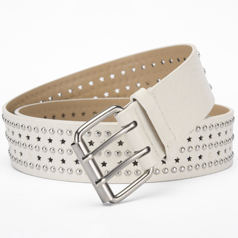 Cinturón de cuero hueco con estrella de cinco puntas y remaches multicapa de color liso para mujer