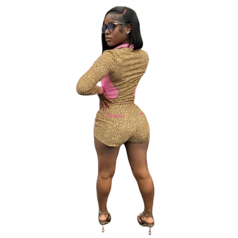 Conjunto informal de dos piezas con estampado de leopardo y manga larga con cremallera para mujer