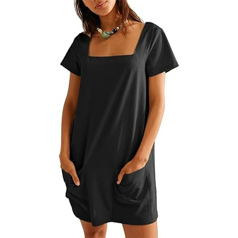 Women Fashion Casual Solid Color Square Neck Dress