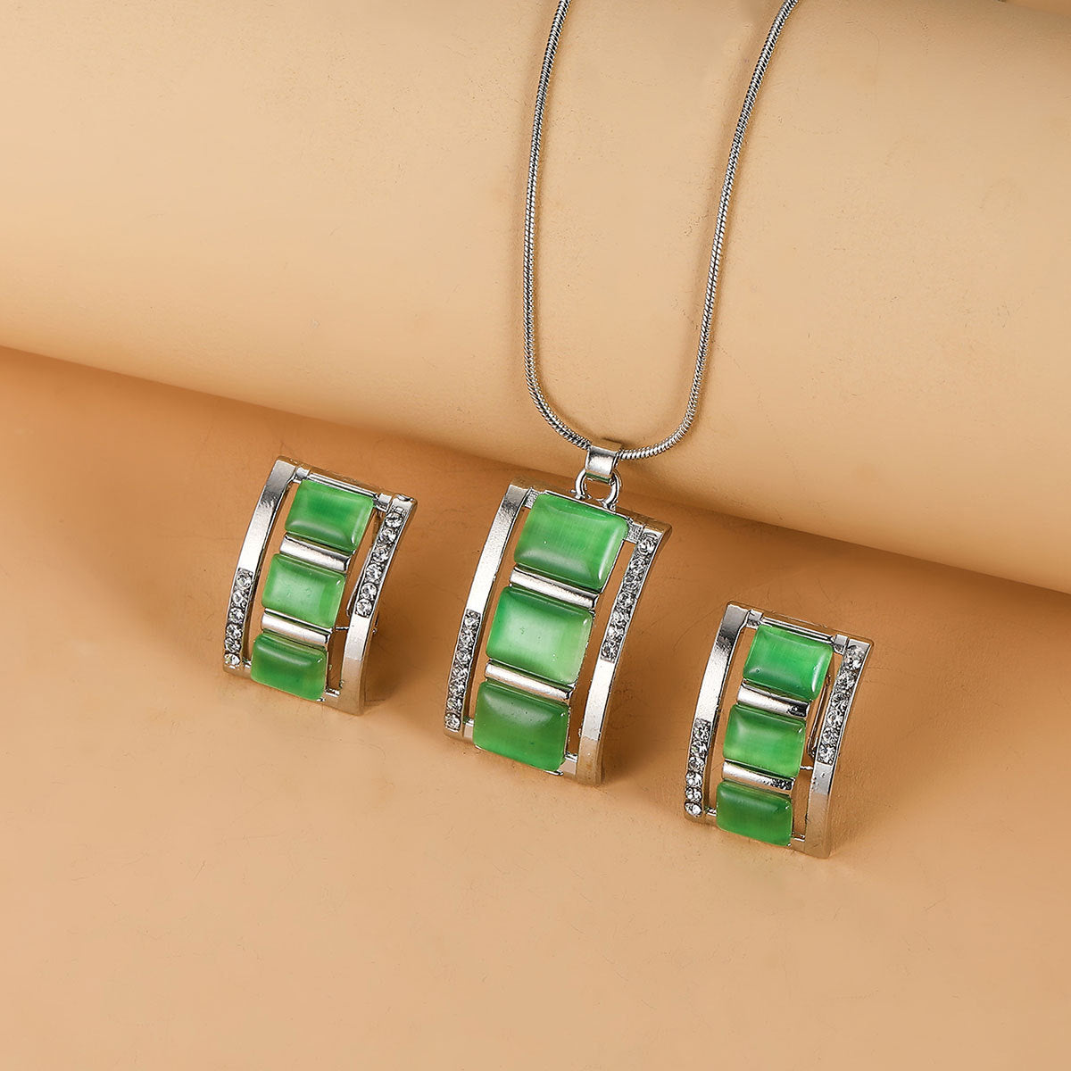 Women Fashion Long Square Cat Eye Necklace Earrings Set Alloy Trendy Jewelry