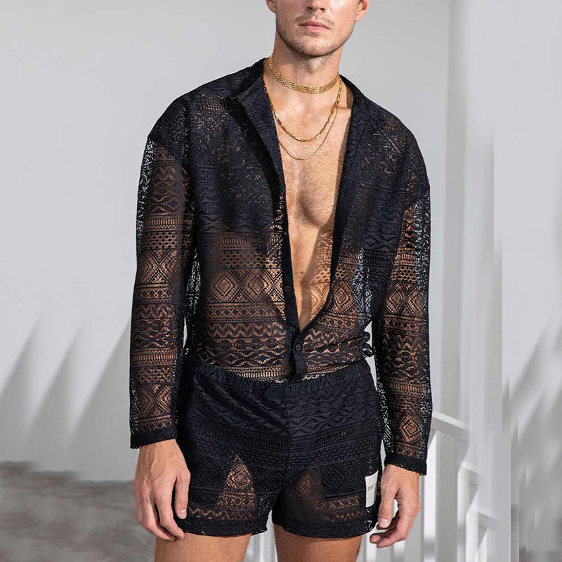 Ensemble deux pièces décontracté à manches longues et chemisier creux en coton pour homme