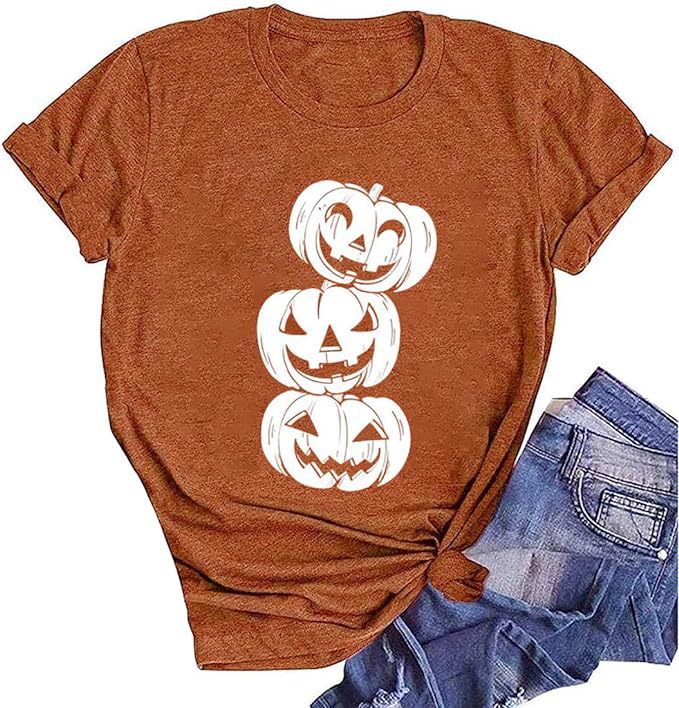 Camiseta de cuello redondo con estampado de fantasma de calabaza de Halloween para mujer