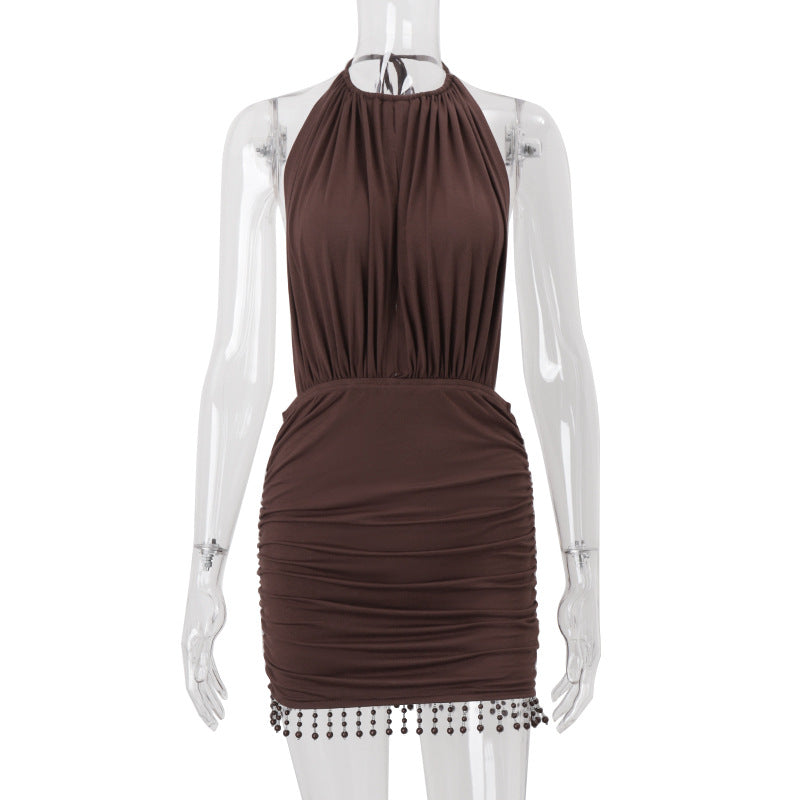 Women Fashion Sexy Solid Color Pleated Backless Tassels Dress