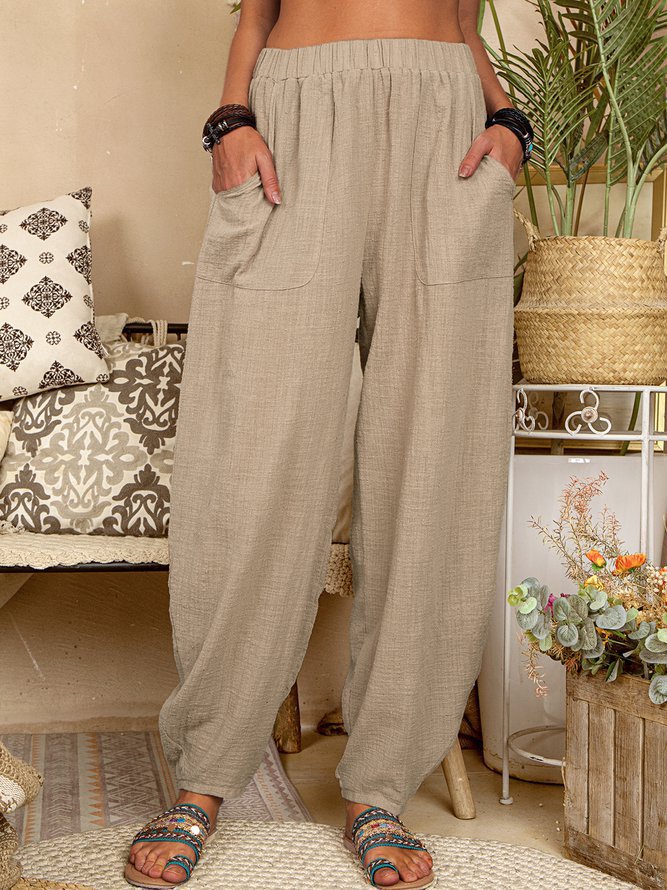 Pantalones harén de lino y algodón informales a la moda para mujer