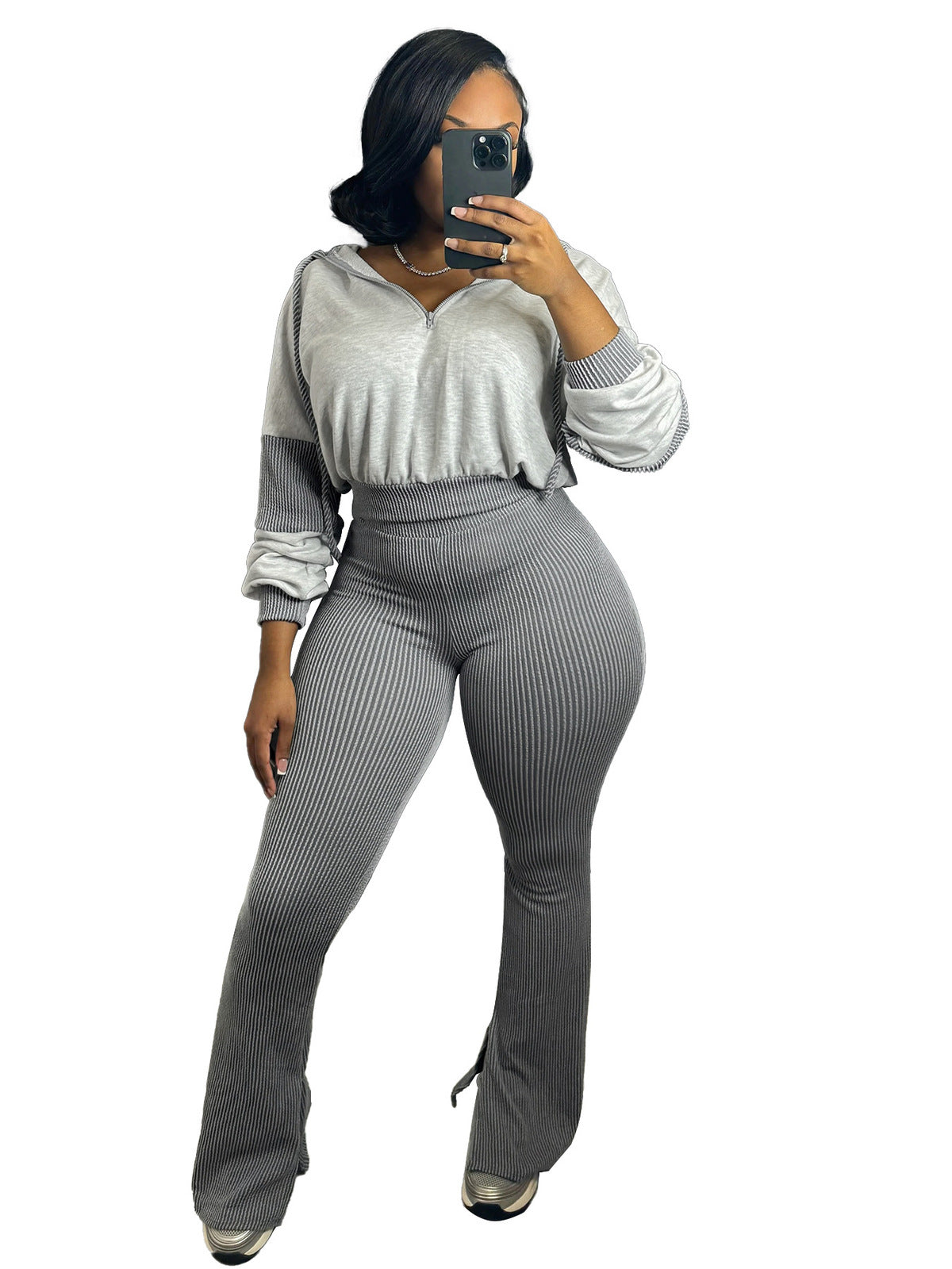 Women Casual Long-Sleeve Hoodie and Flare Pants Set