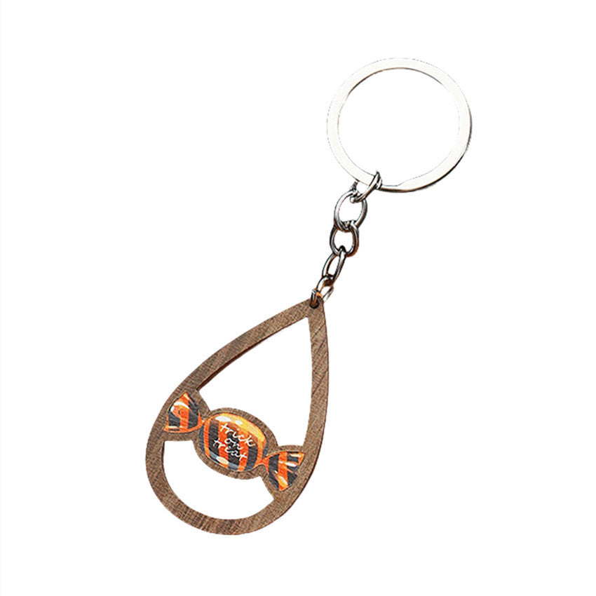 Halloween Women Cartoon Ghost Bat Pumpkin Wooden Keychain