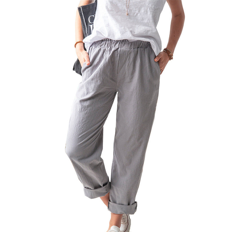 Women Casual Solid Color Cotton And Linen Pants