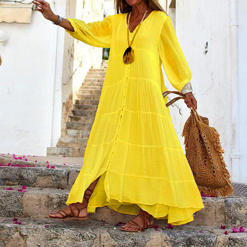 Vestido largo bohemio de verano para mujer, informal, de color liso, con escote en V y manga larga