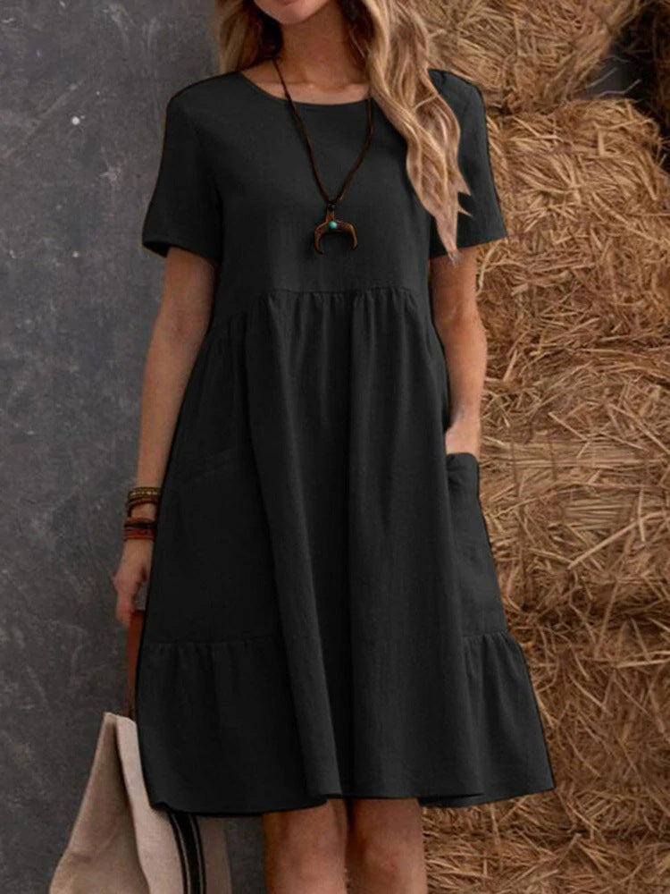 Vestido informal holgado de lino y algodón con cuello redondo para mujer