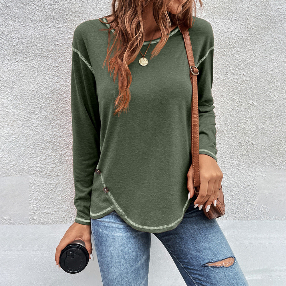 Women Simple Solid Color Button Irregular Round Neck Long Sleeve Blank T-Shirt