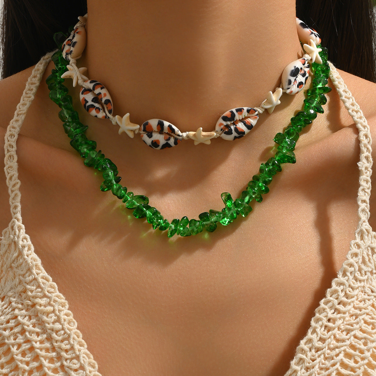 Ocean Wind Irregular Gravel Beaded Starfish Shell Sea Necklace