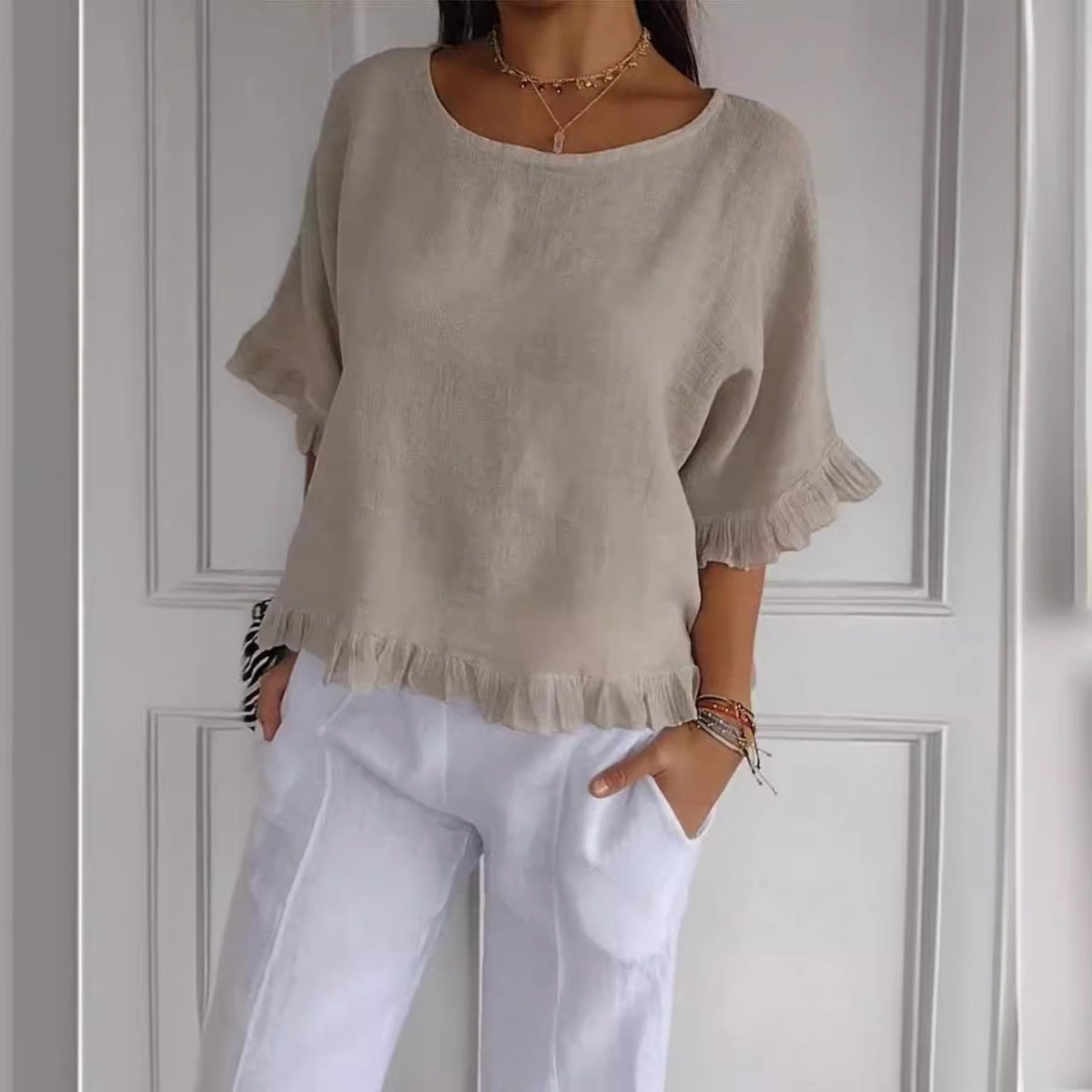 Camisa informal de lino y algodón de color liso para mujer