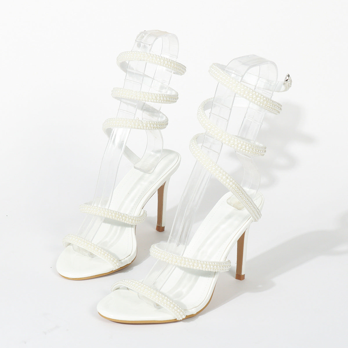 Women Fashion Sexy Solid Color Pearl Tape Snake-Heeled Shoes